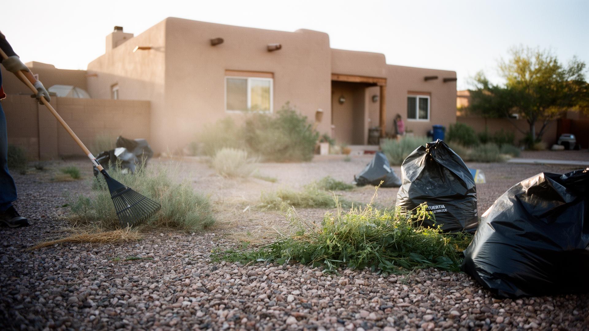 Crew bagging weeds at a Rio Rancho yard cleanup