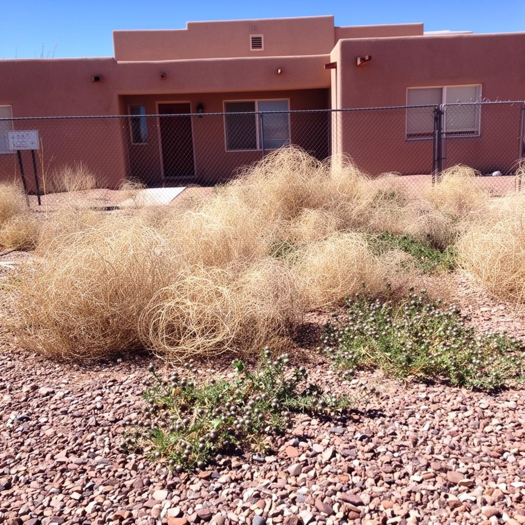 Overgrown gravel yard with tumbleweeds before cleanup
